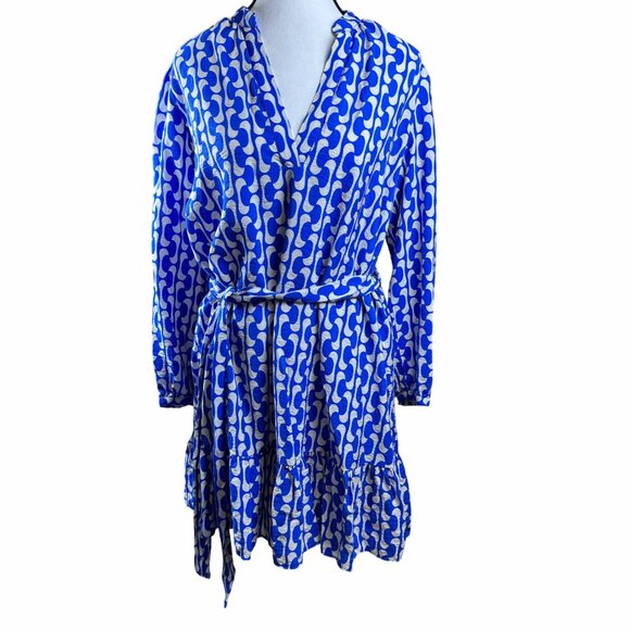 Zara Womens Blue White Flowy Dress With Belt Long Sleeves Ruffle Hem Size S - Picture 4 of 13